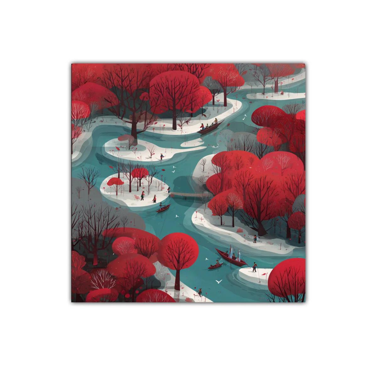 Paisaje de río con árboles rojos y caminos curvos — imagen principal