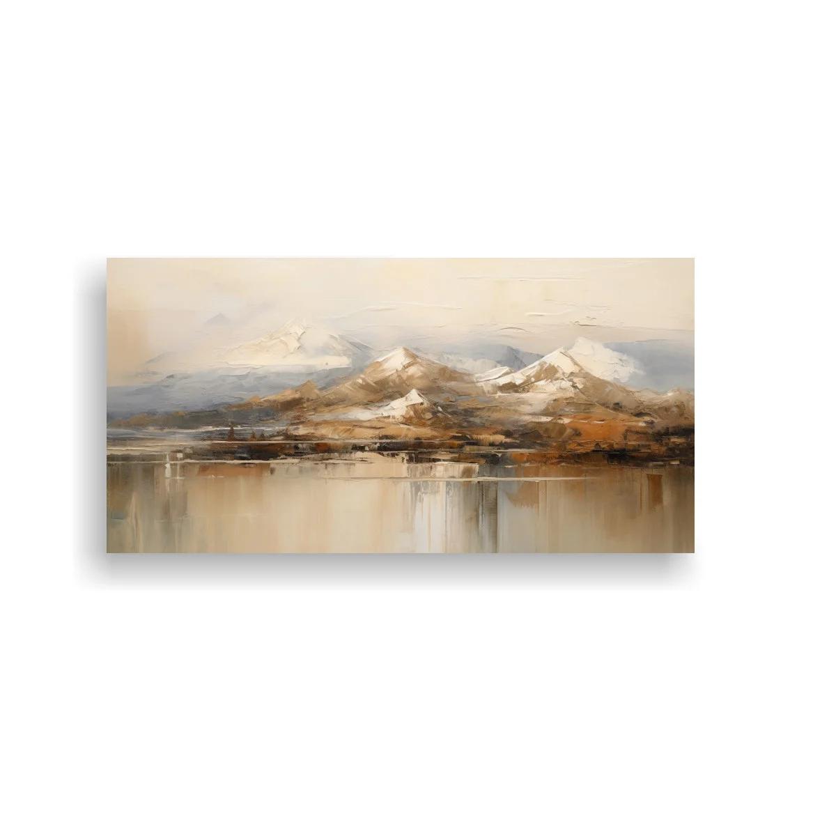 Cuadro montañas nevadas con lago y orilla marrón