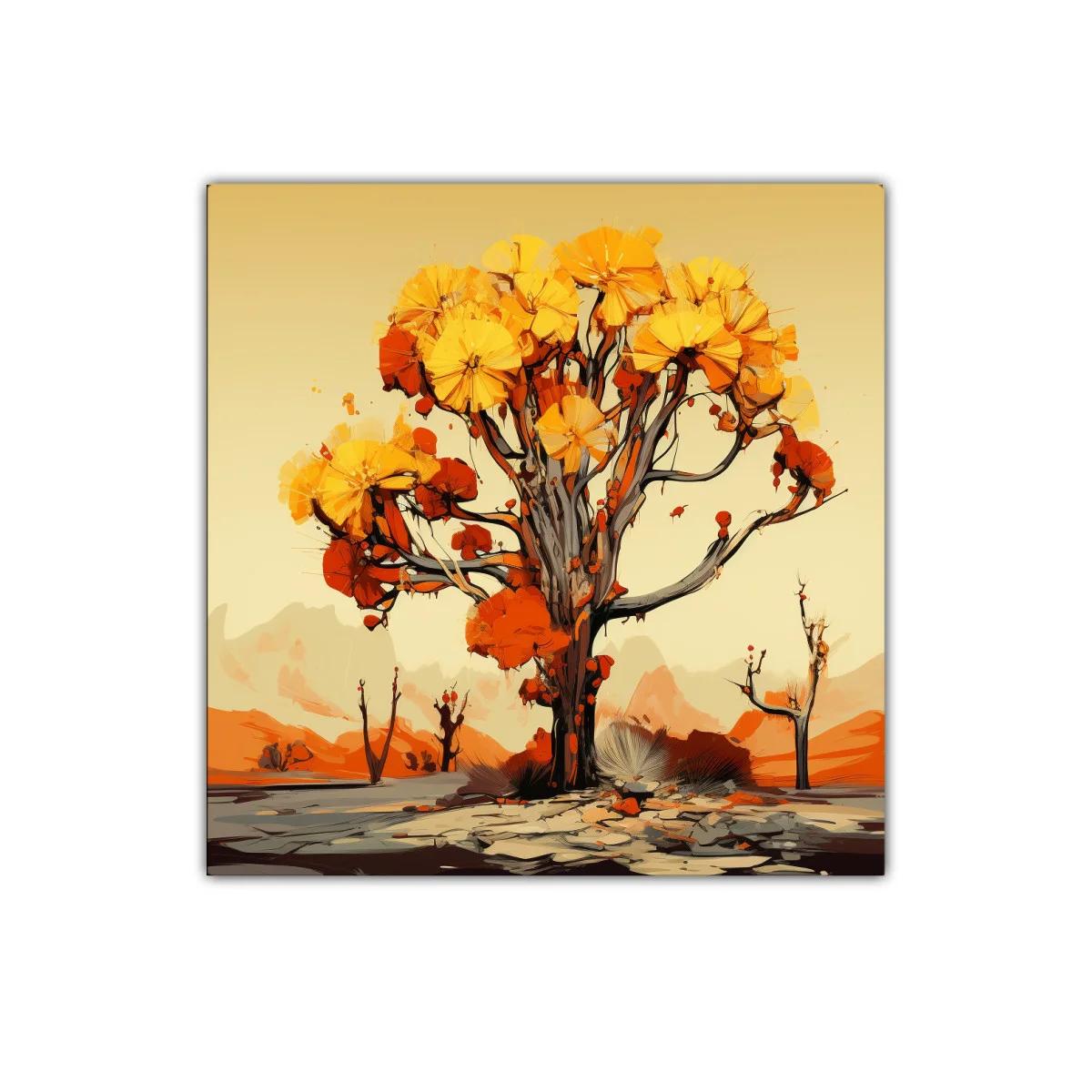 Árbol de tonos cálidos en paisaje abstracto vibrante