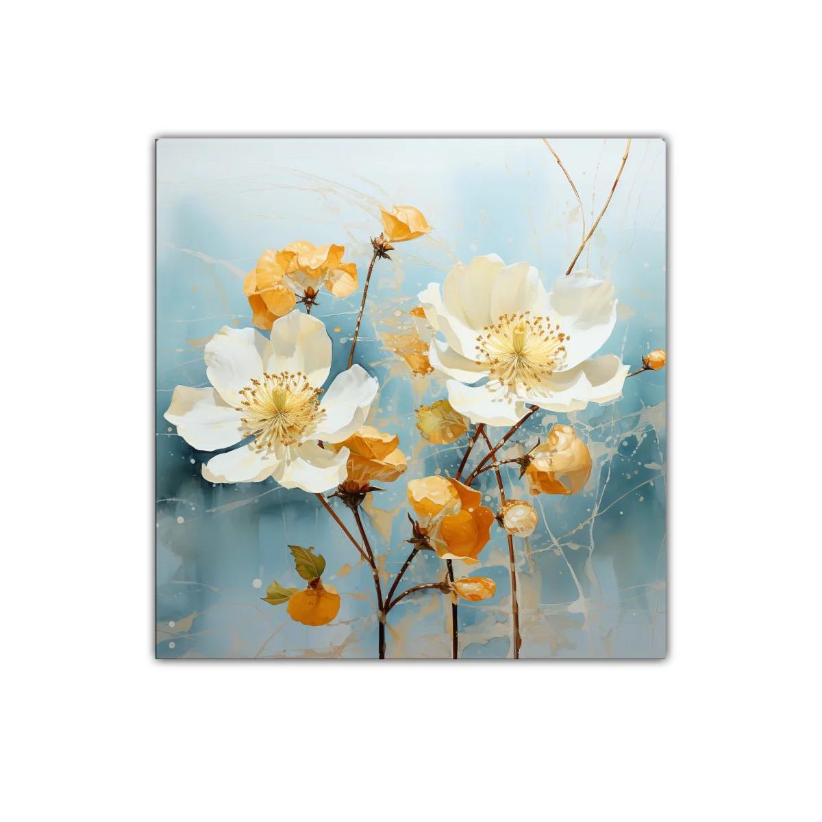 Cuadro con flores blancas y tonos cálidos sobre fondo azul