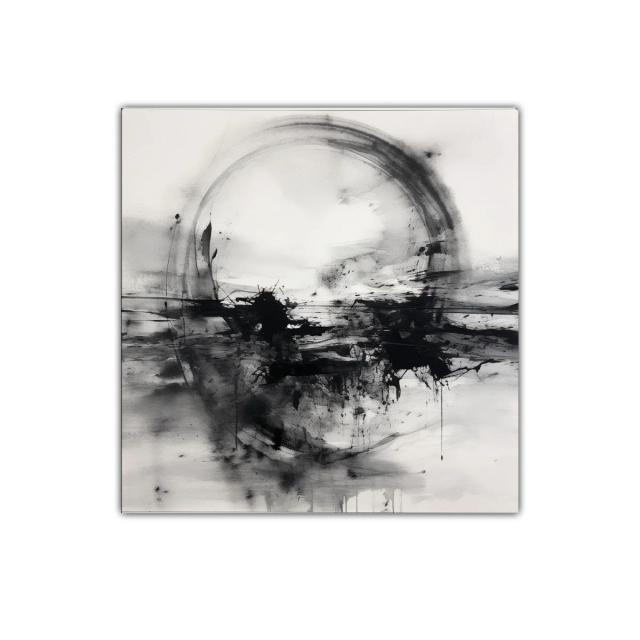 Cuadro abstracto en blanco y negro con formas orgánicas