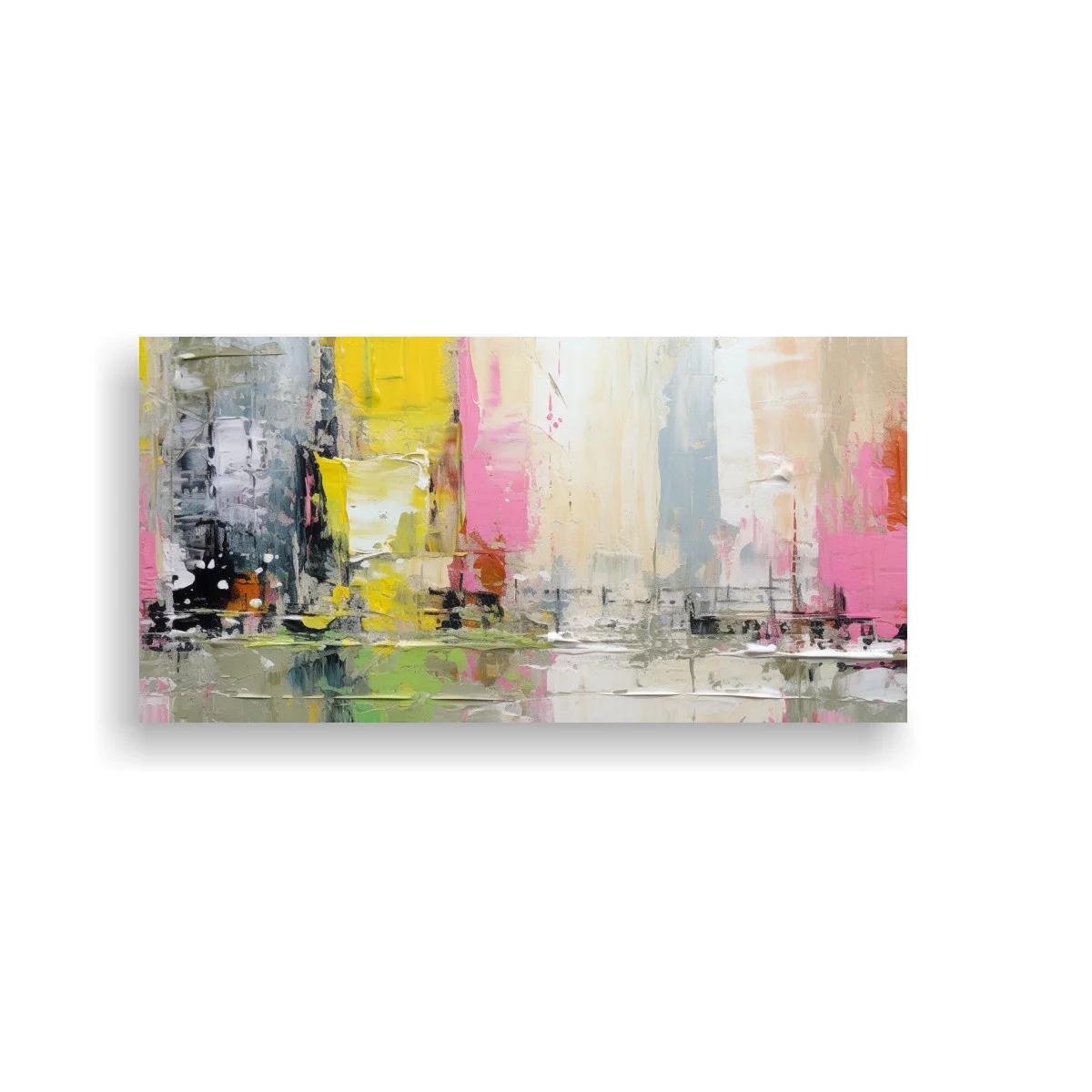 Cuadro skyline abstracto con reflejo y tonos rosa y amarillo — imagen principal