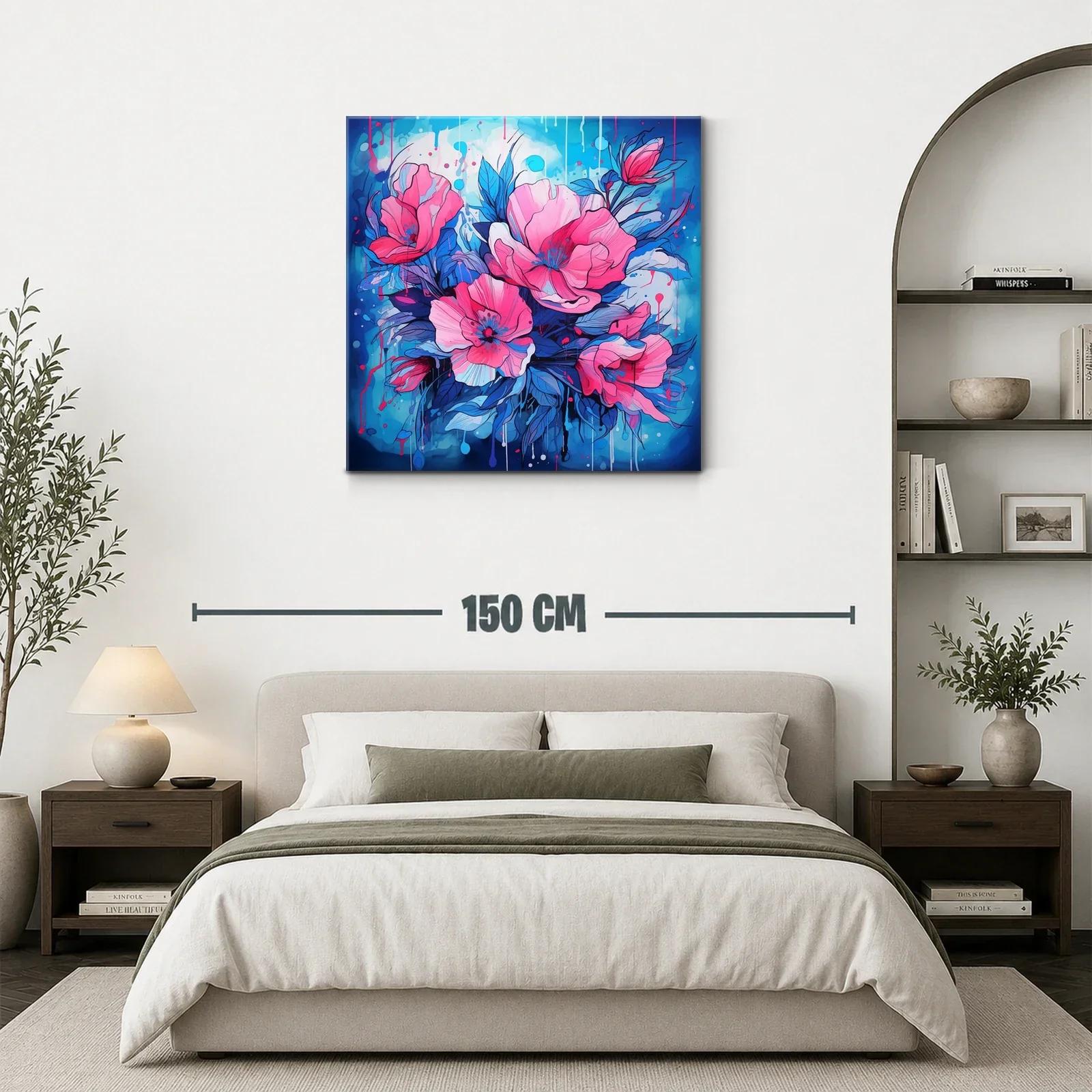 Cuadro vibrante con flores rosas y azul eléctrico — miniatura 3