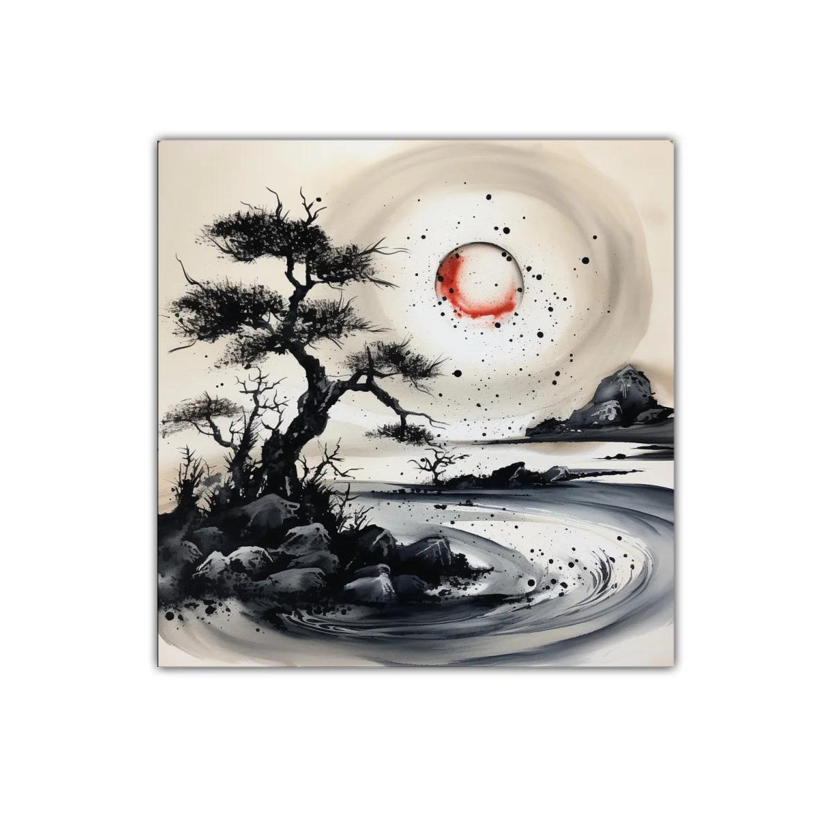 Paisaje onírico con árboles y luna roja en tinta china — imagen principal