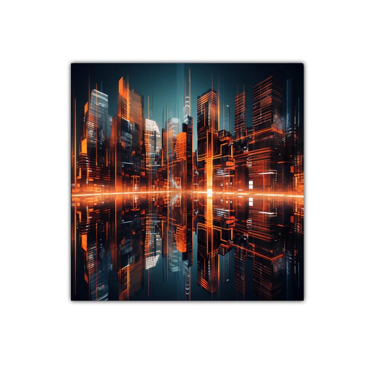 Ciudad futurista iluminada con reflejos naranjas vibrantes — imagen principal