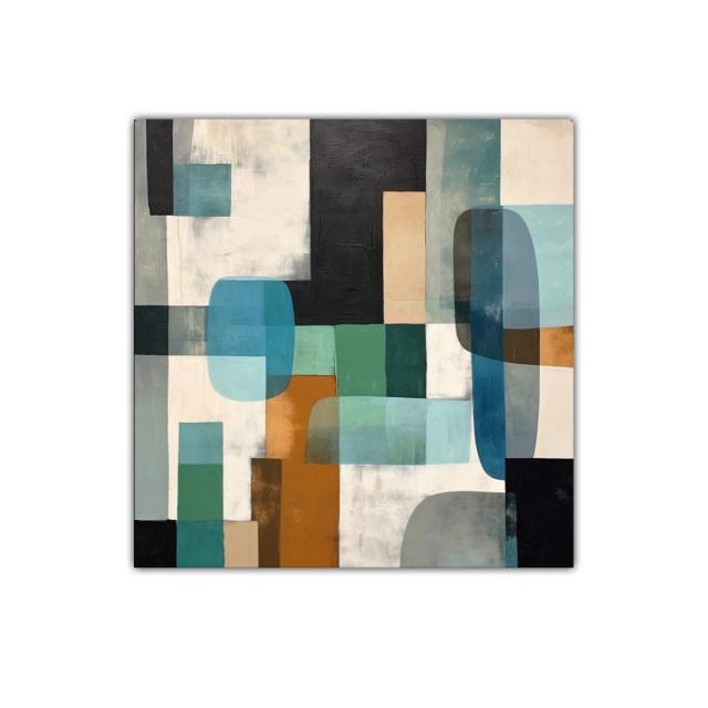 Composición abstracta con formas geométricas y tonos tierra y azules