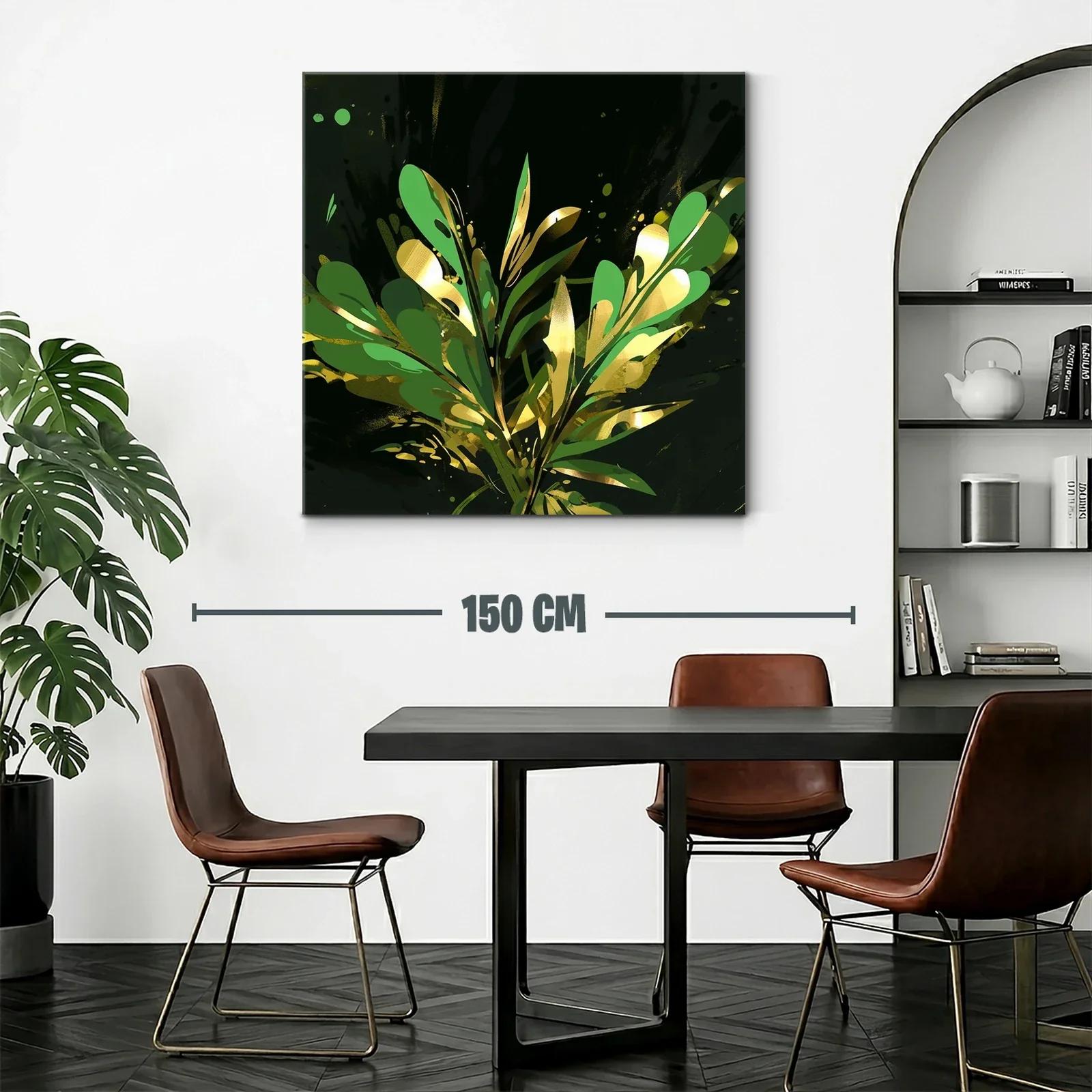 Cuadro abstracto con motivos vegetales dorados y verdes — miniatura 2