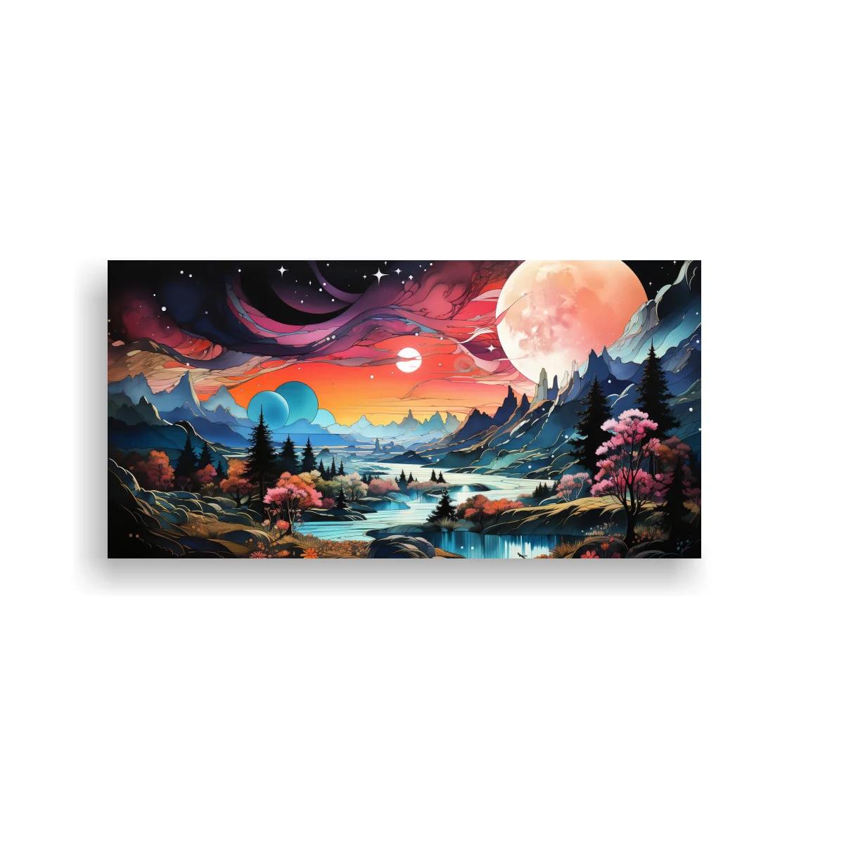 Cuadro paisaje fantástico con luna gigante y montañas escalonadas