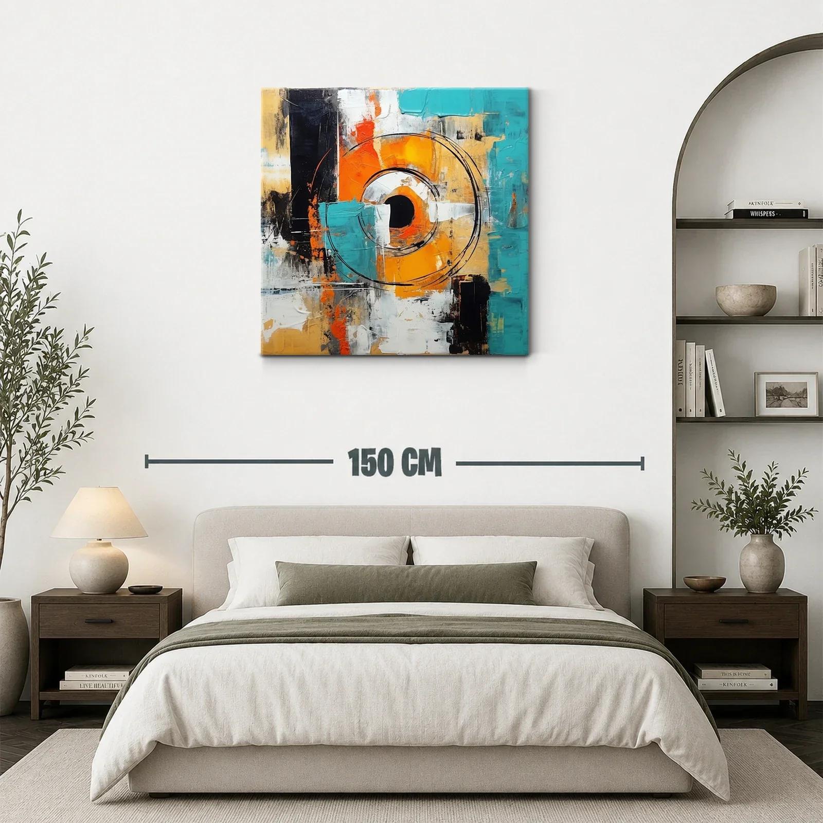 Cuadro abstracto con círculos y tonos vibrantes en azul y naranja — miniatura 3