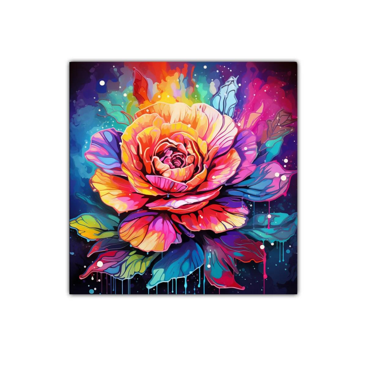 Cuadro vibrante con rosa multicolor y hojas llamativas