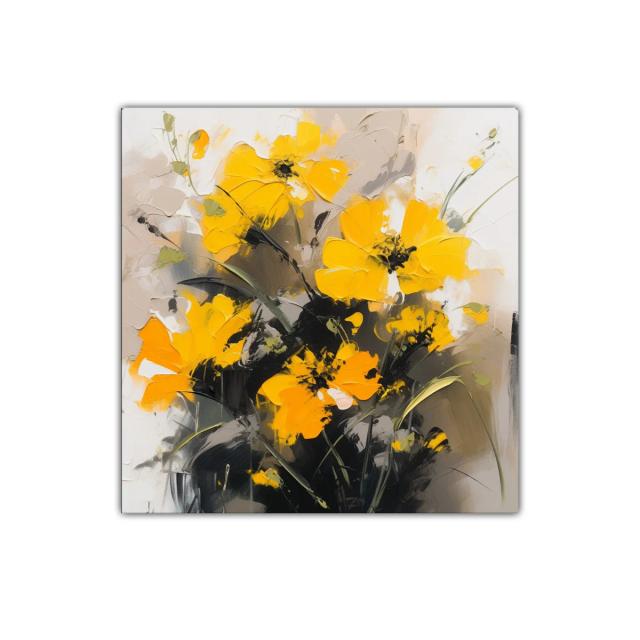 Cuadro floral con flores amarillas vibrantes y fondo neutro