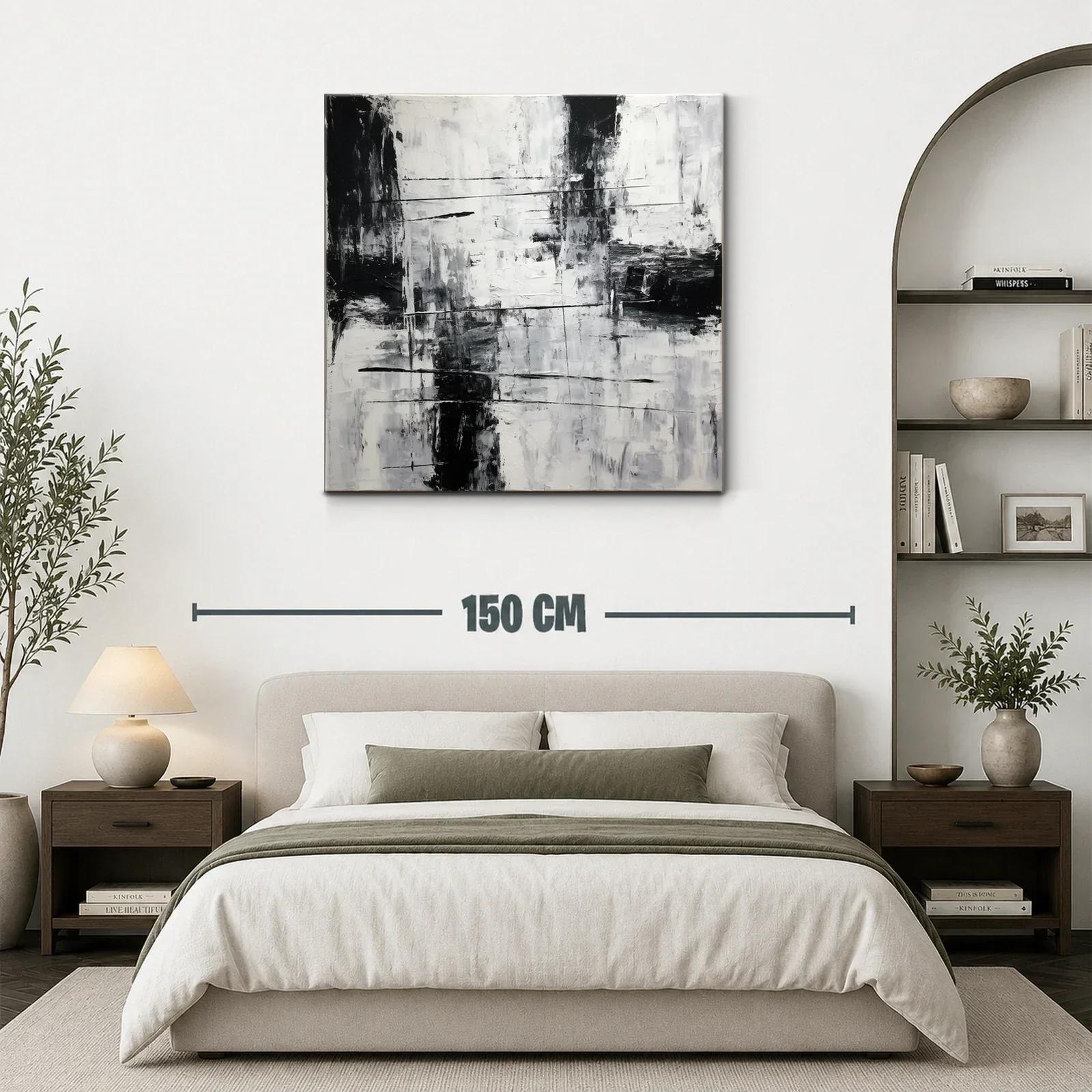 Cuadro abstracto en blanco y negro con textura y líneas dinámicas — miniatura 3