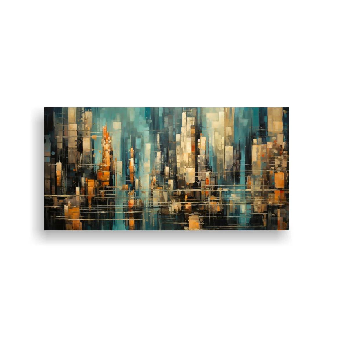 Cuadro skyline urbano abstracto con reflejos dorados