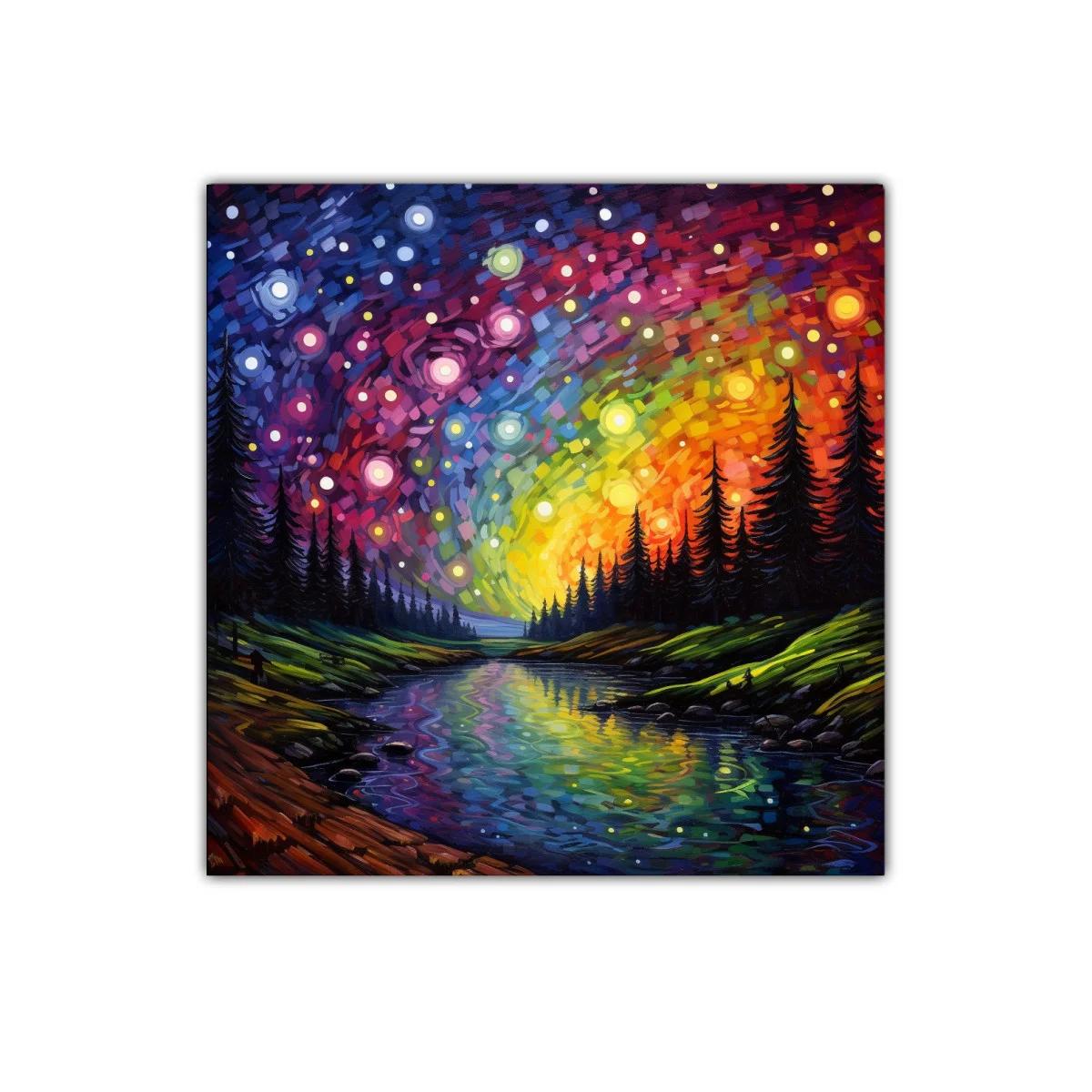Paisaje nocturno con cielo estrellado y río reflejante — imagen principal