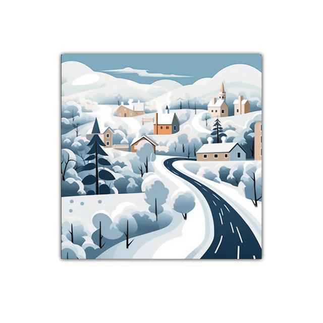 Paisaje invernal con carretera serpenteante y casas