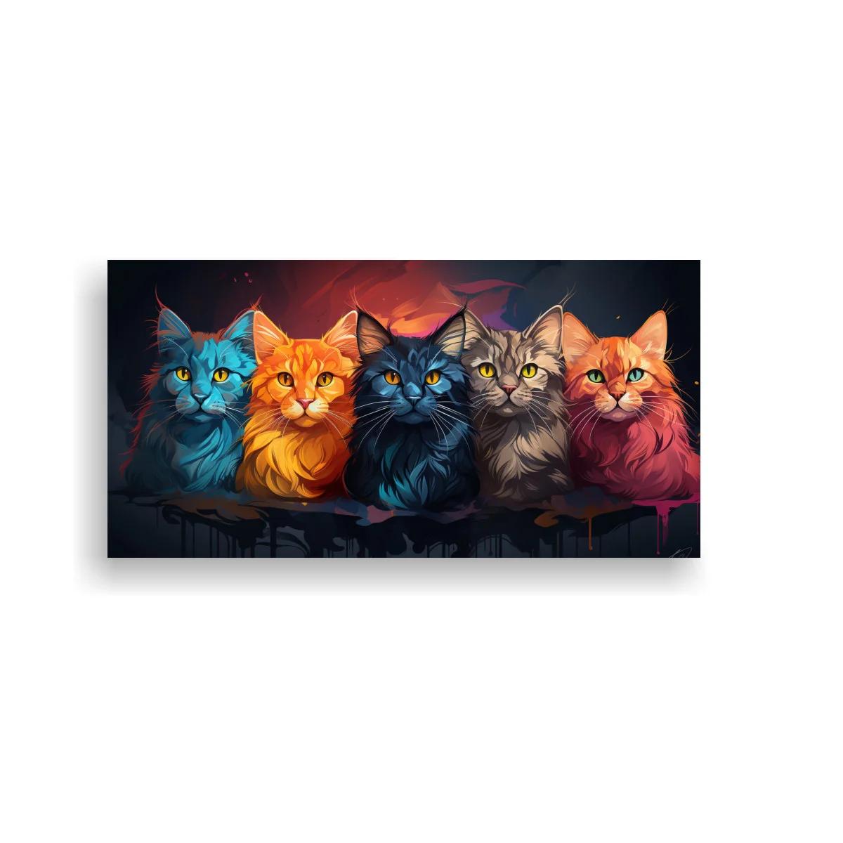 Cuadro cinco gatos de colores con rostros iluminados
