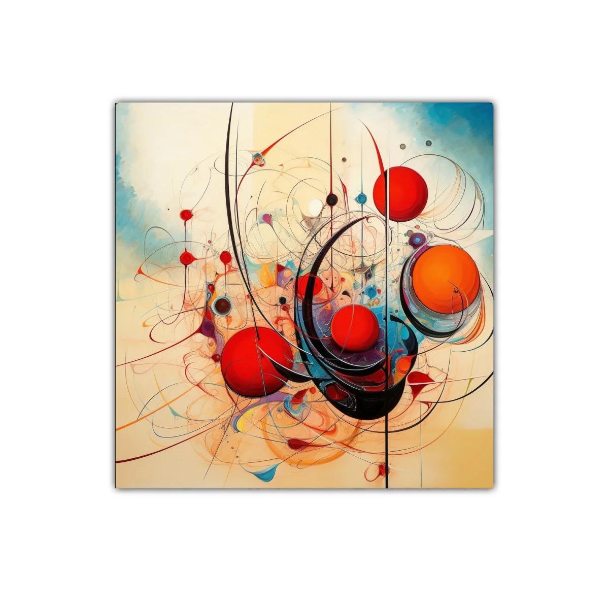 Cuadro abstracto con esferas rojas y trazos curvos dinámicos — miniatura 1