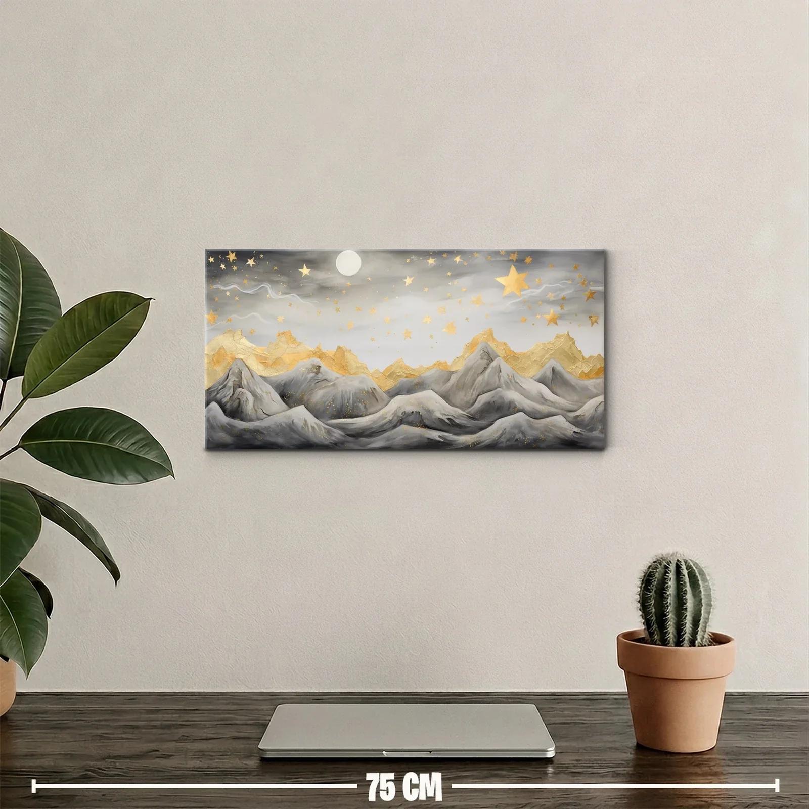 Cuadro paisaje de montañas con luna redonda y detalles dorados — miniatura 2