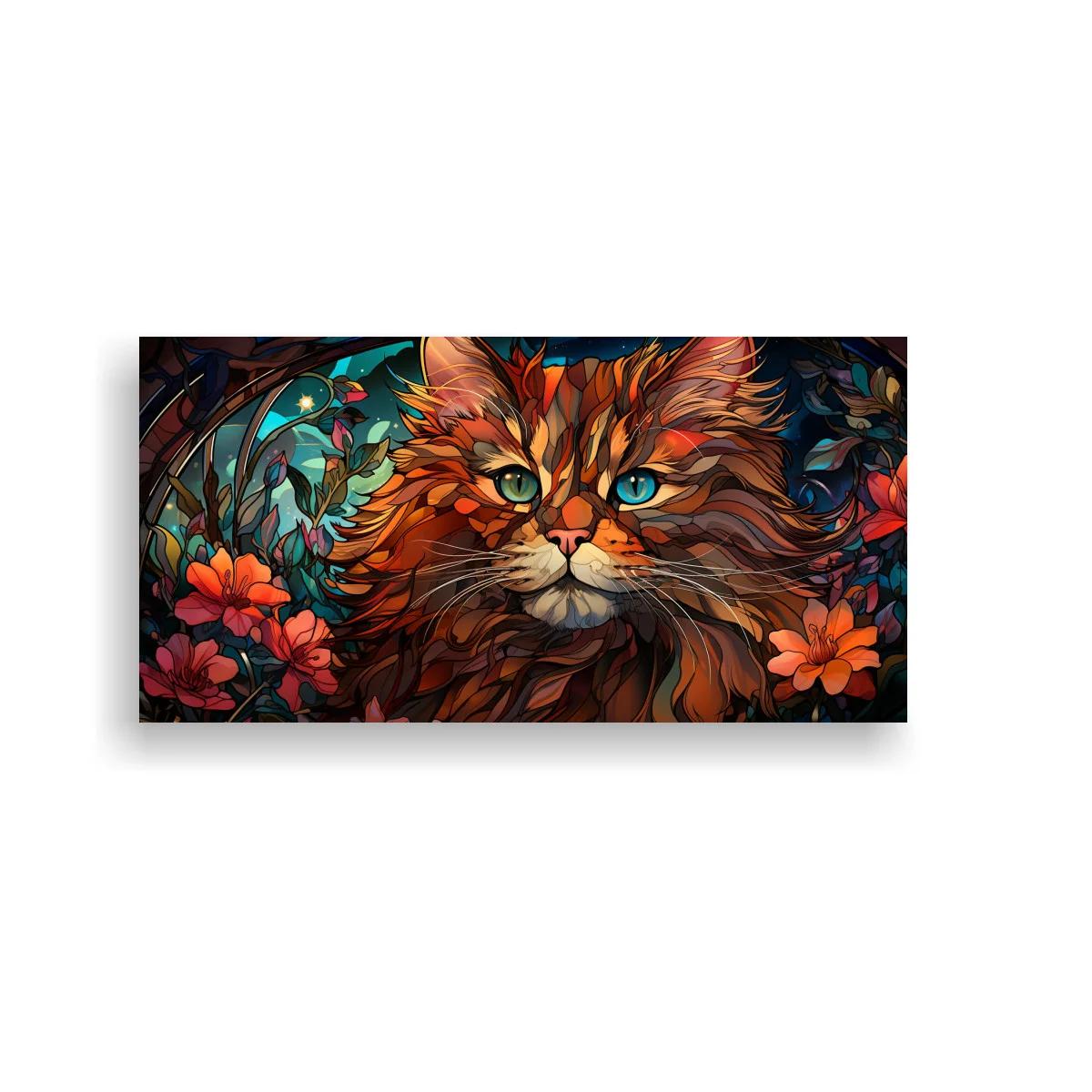 Cuadro gato atigrado de pelo largo con ojos turquesa y flores — imagen principal