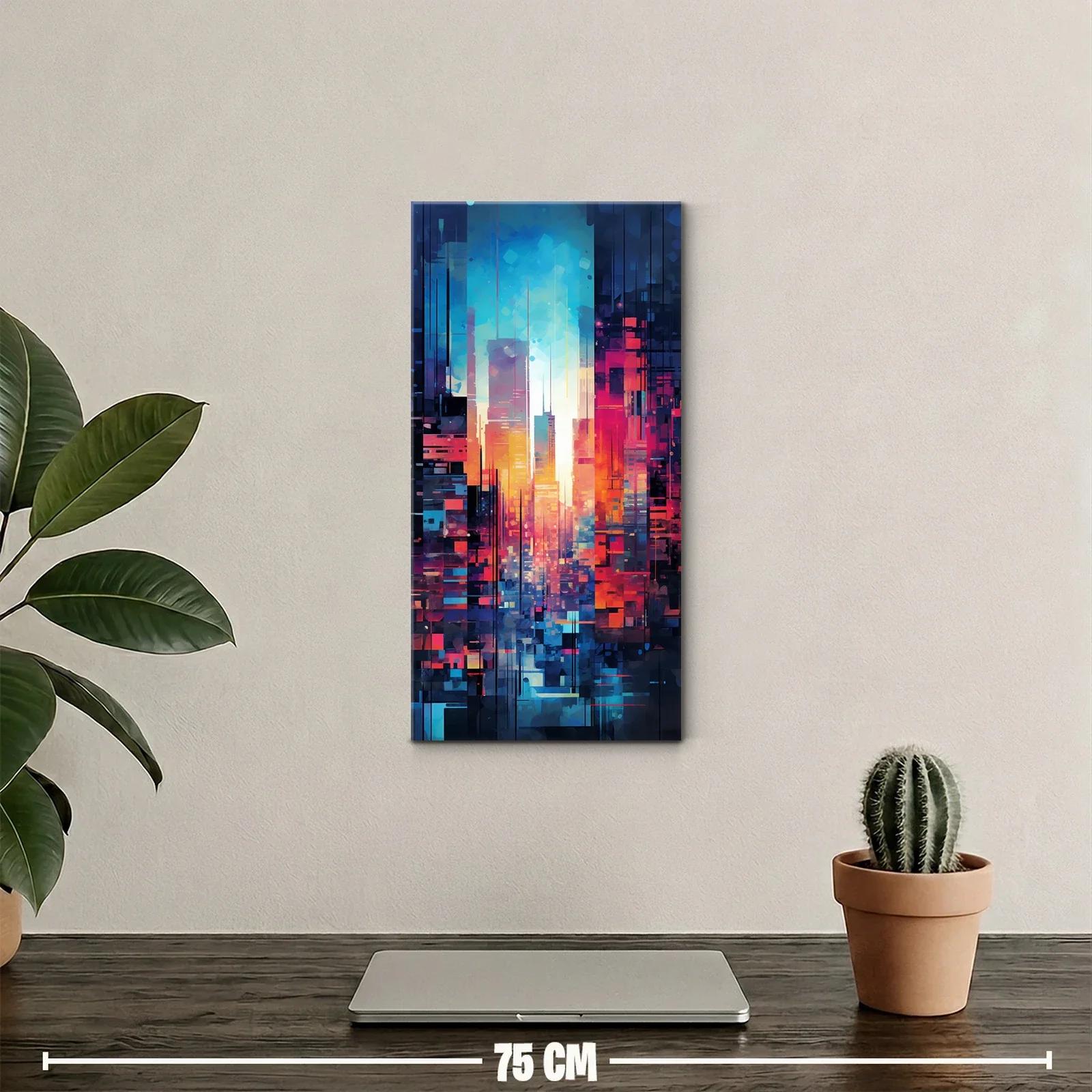 Cuadro skyline urbano abstracto con luz central y bloques turquesa — miniatura 2