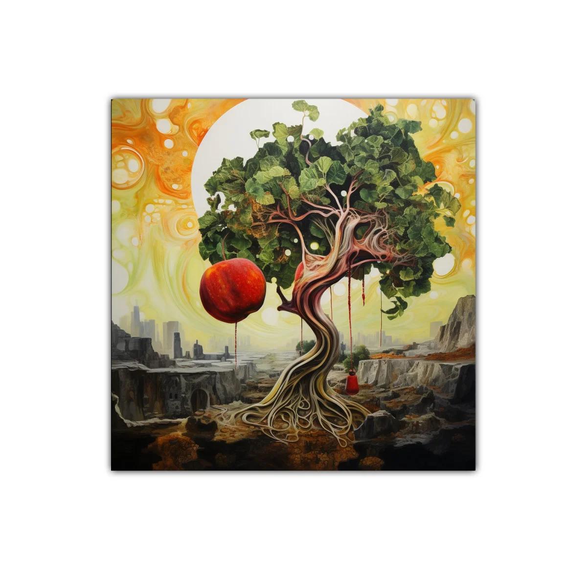Árbol surrealista con manzanas en paisaje desolado