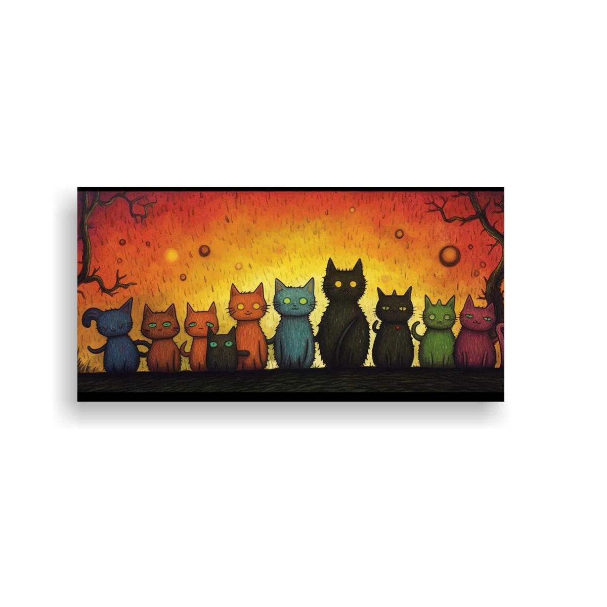 Cuadro fila de gatos de colores con lunas flotantes