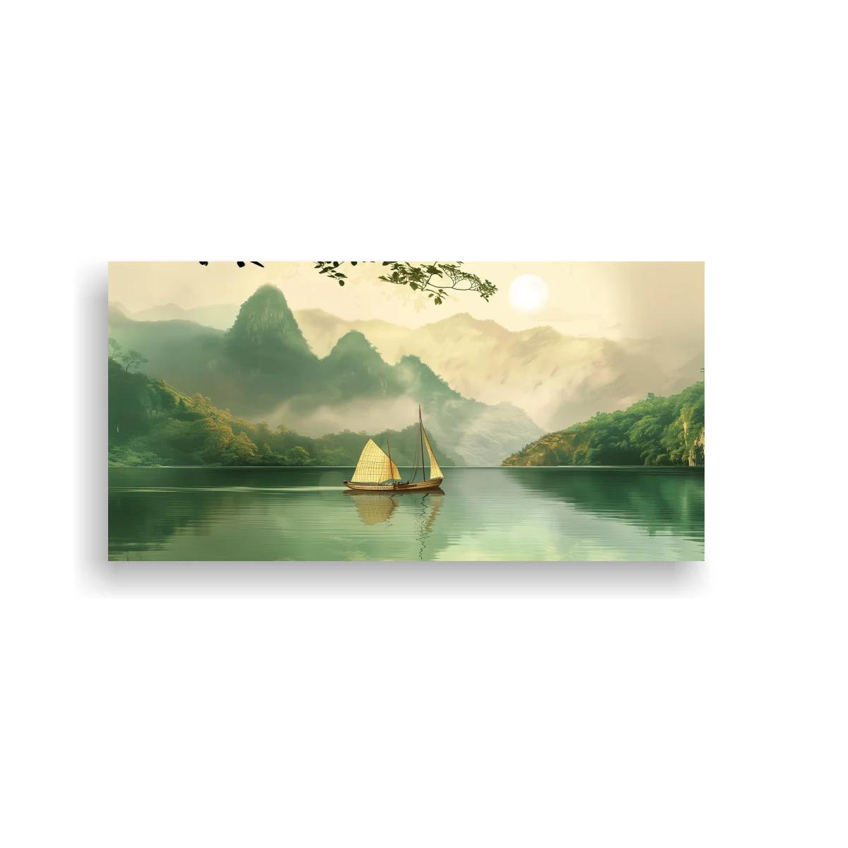 Cuadro velero en lago de montaña con dos velas