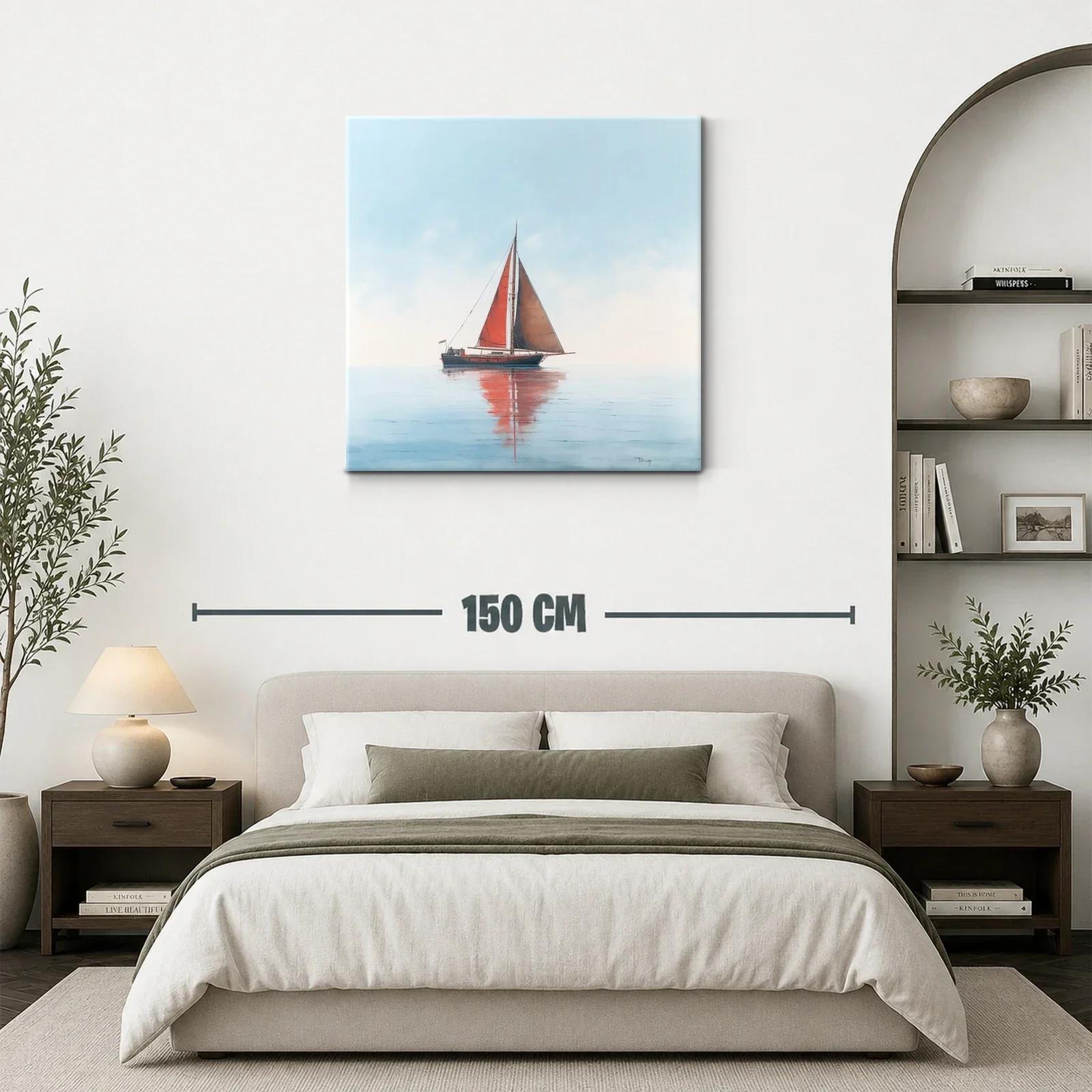 Velero con vela roja en mar tranquilo y cielo claro — miniatura 3
