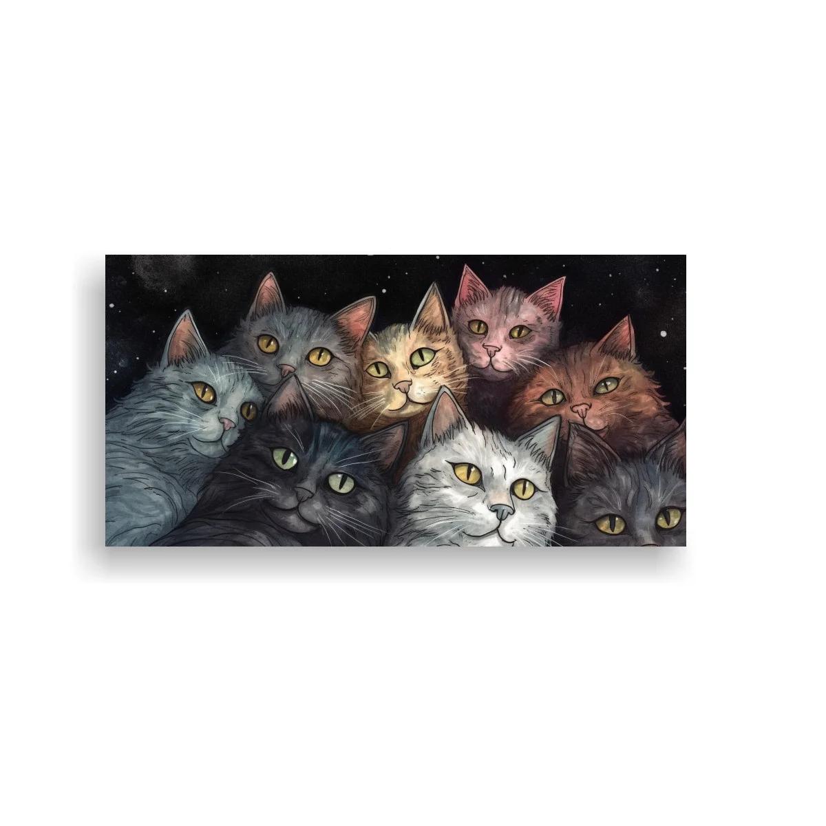 Cuadro grupo de gatos con fondo oscuro y puntos estelares — imagen principal