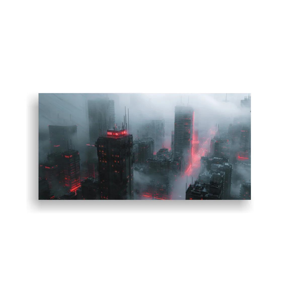 Cuadro ciudad futurista con focos de luz roja dispersos