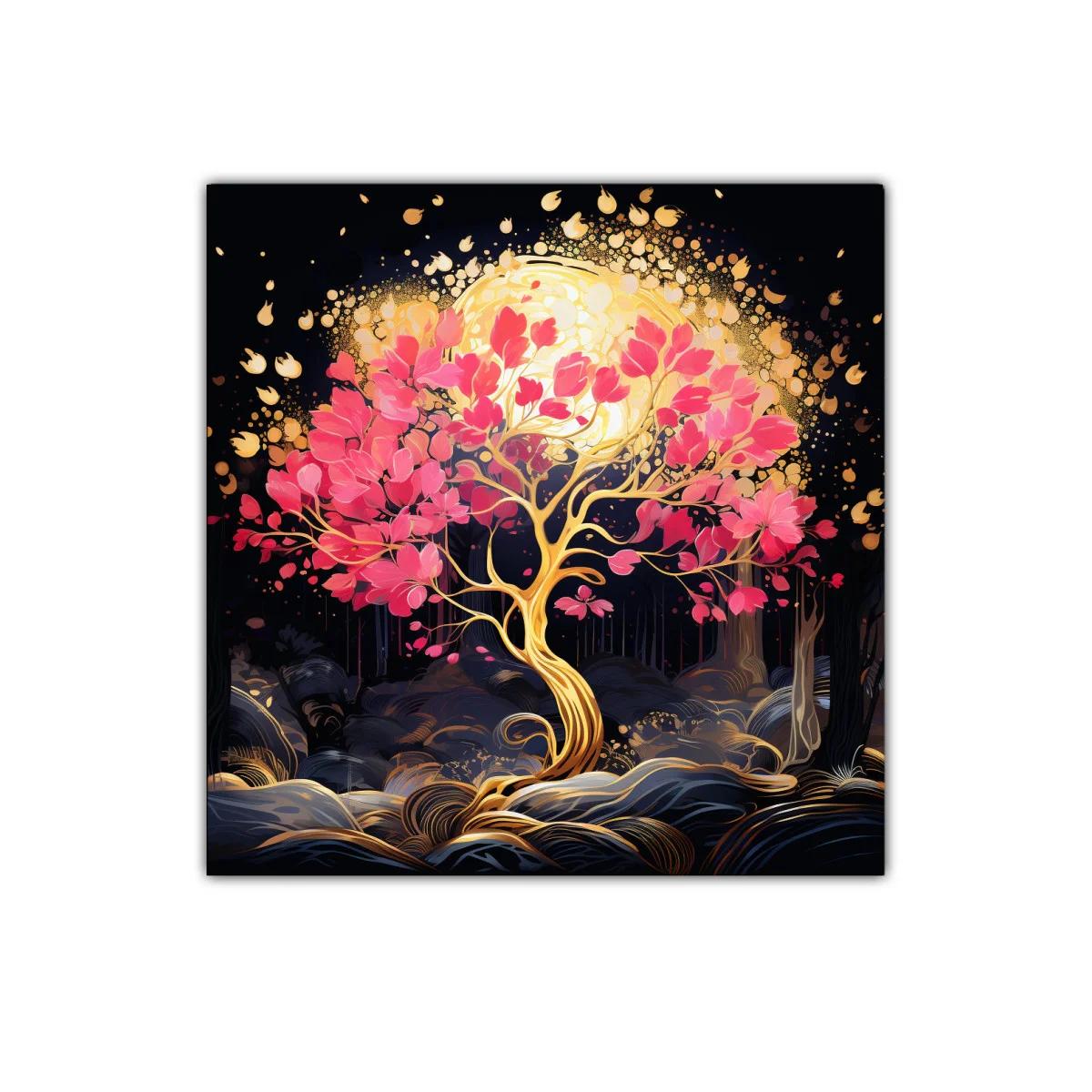 Árbol dorado con hojas rosas y luz resplandeciente — imagen principal