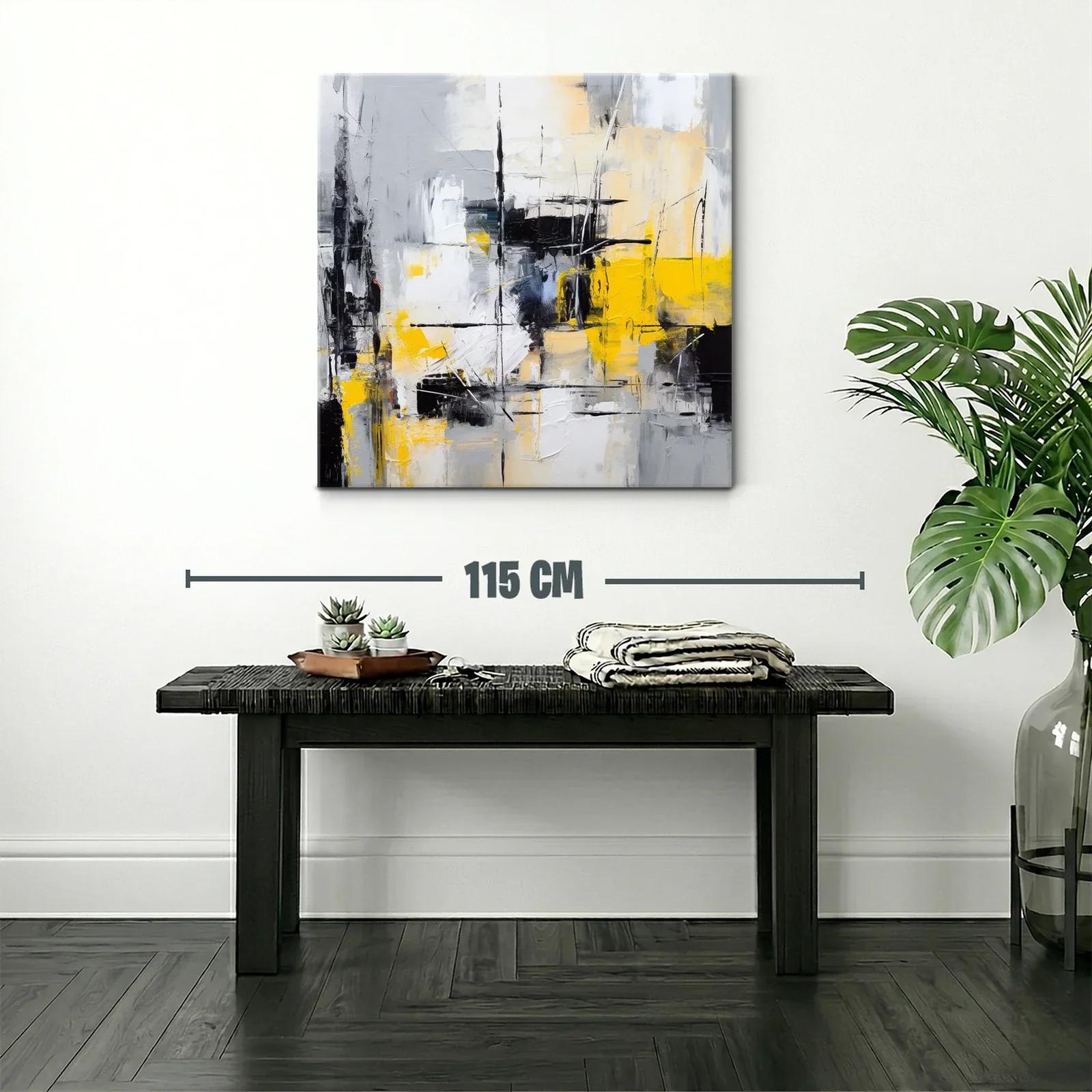 Cuadro abstracto con tonos grises, negros y amarillo vibrante — miniatura 2