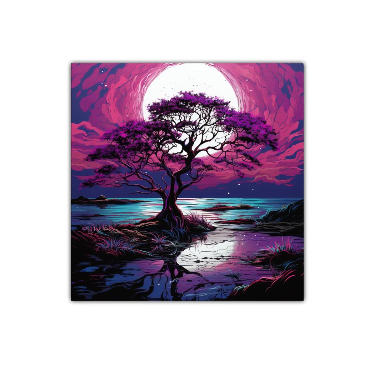 Árbol solitario bajo la luna en tonos morados y azules — imagen principal