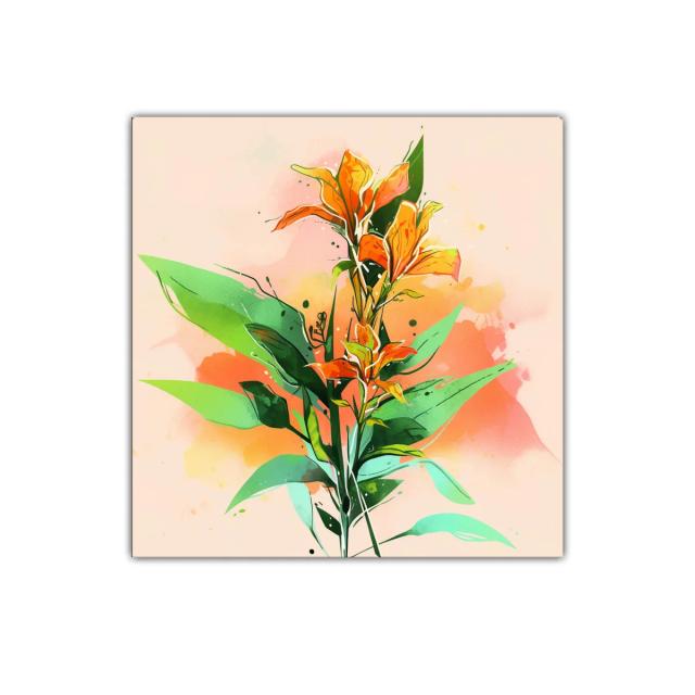 Cuadro decorativo con flores naranjas y hojas verdes vibrantes