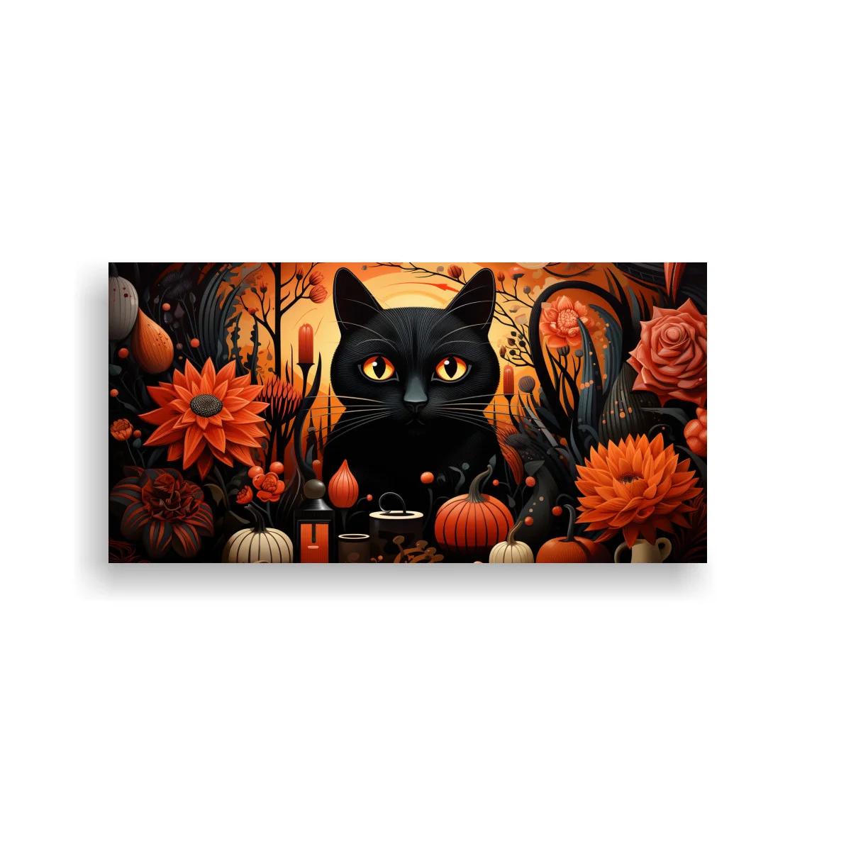 Cuadro gato negro de ojos amarillos con calabazas y velas