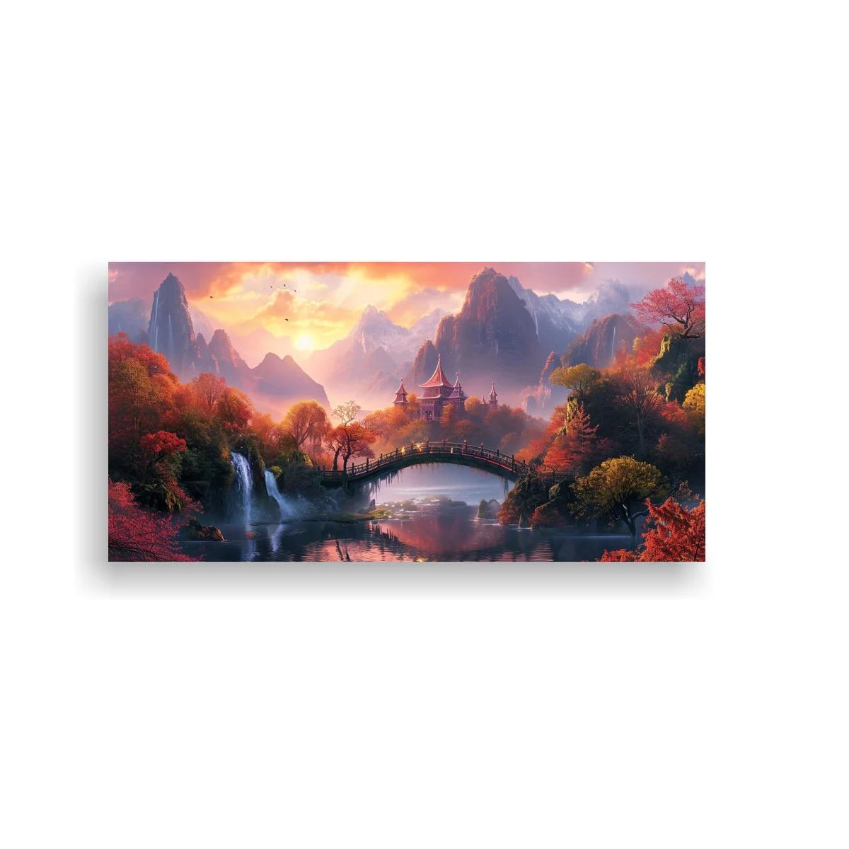 Cuadro paisaje oriental con puente arqueado y cascadas