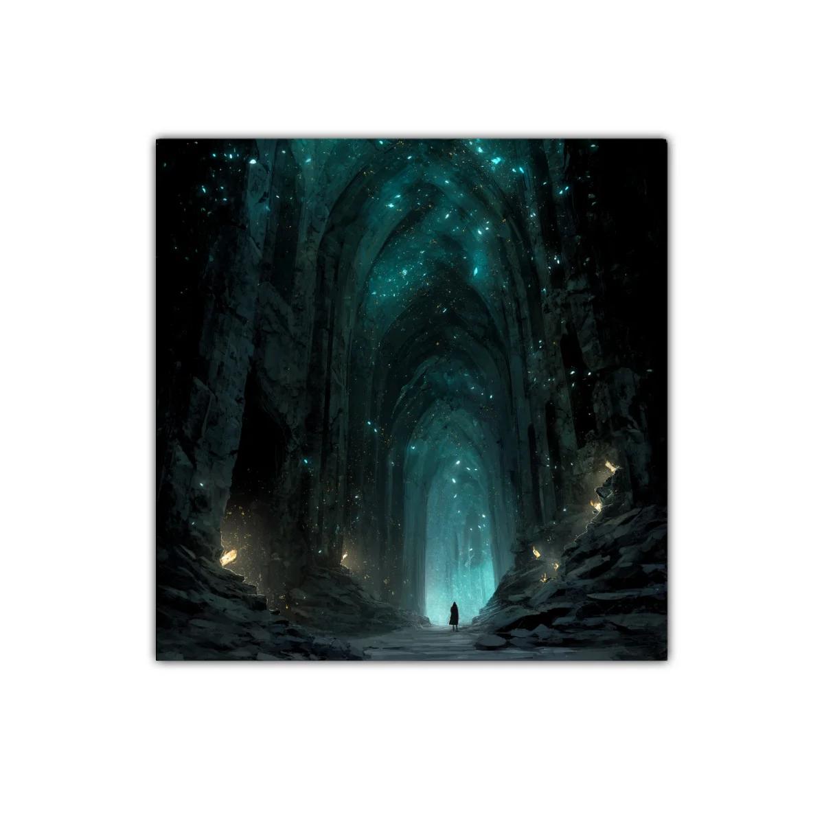 Catedral de luces azules en penumbra mística