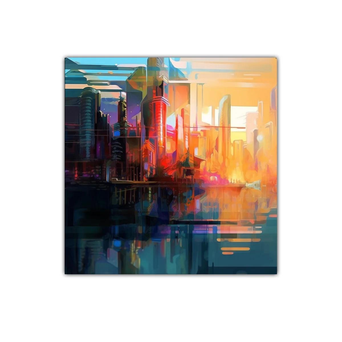 Atardecer vibrante sobre ciudad futurista y su reflejo — imagen principal