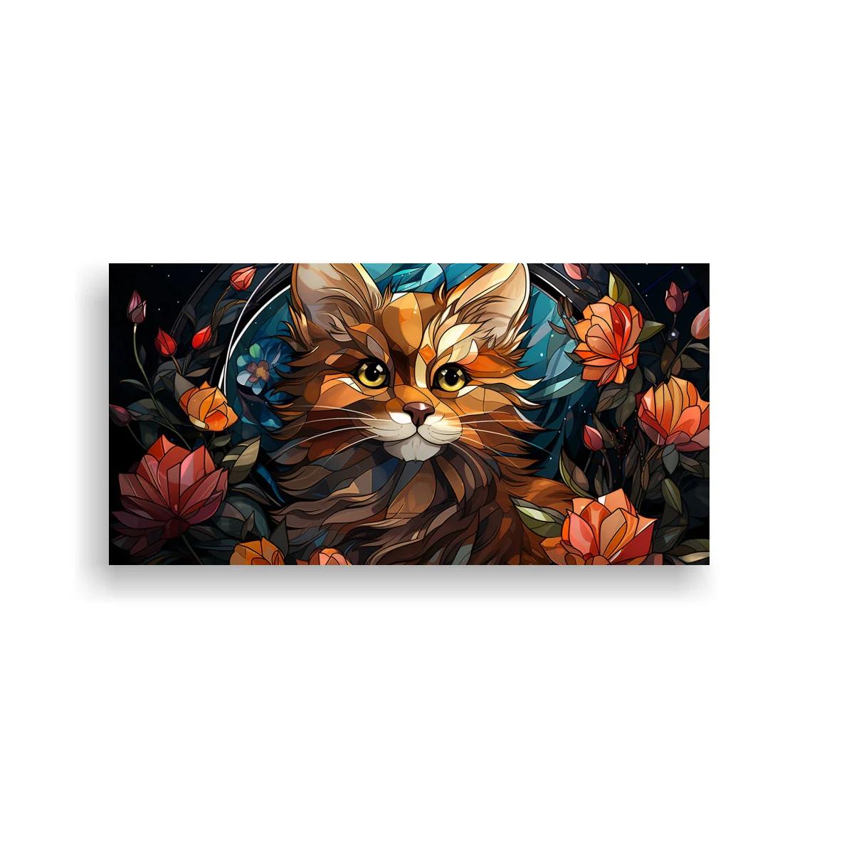 Cuadro gato naranja de pelo largo con flores y fondo oscuro — imagen principal
