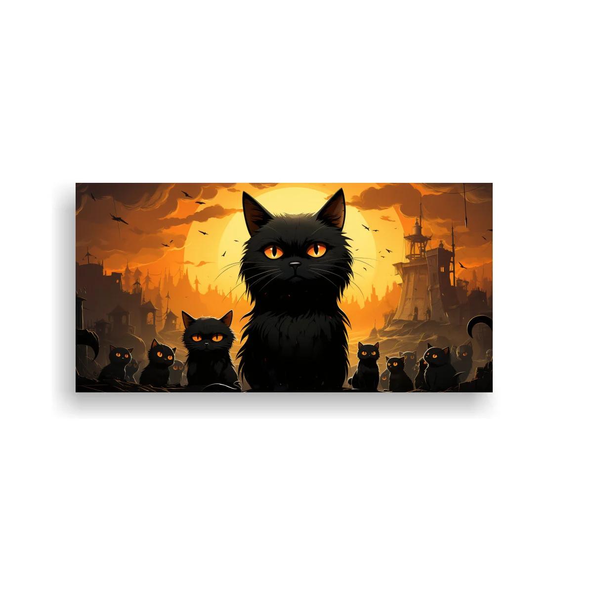 Cuadro gato negro de ojos naranjas con ciudad fantástica en ruinas