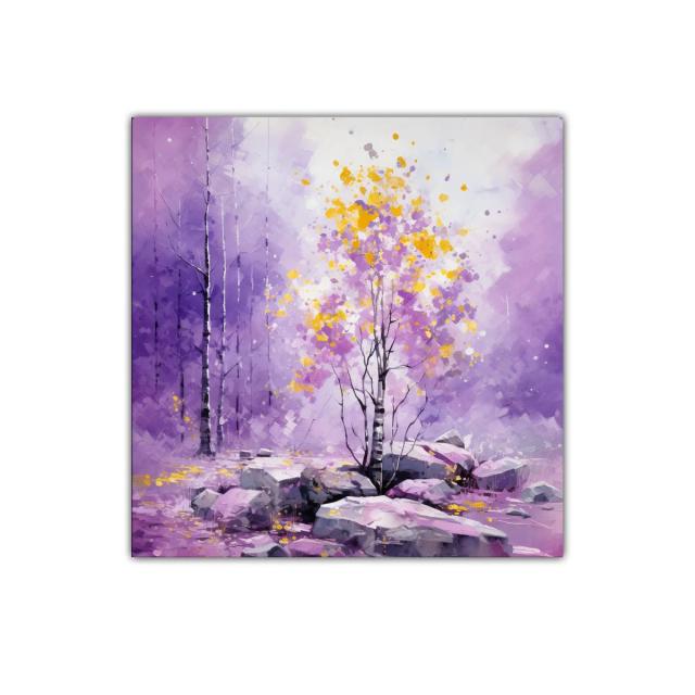 Bosque etéreo con árbol de colores vibrantes en tonos malva