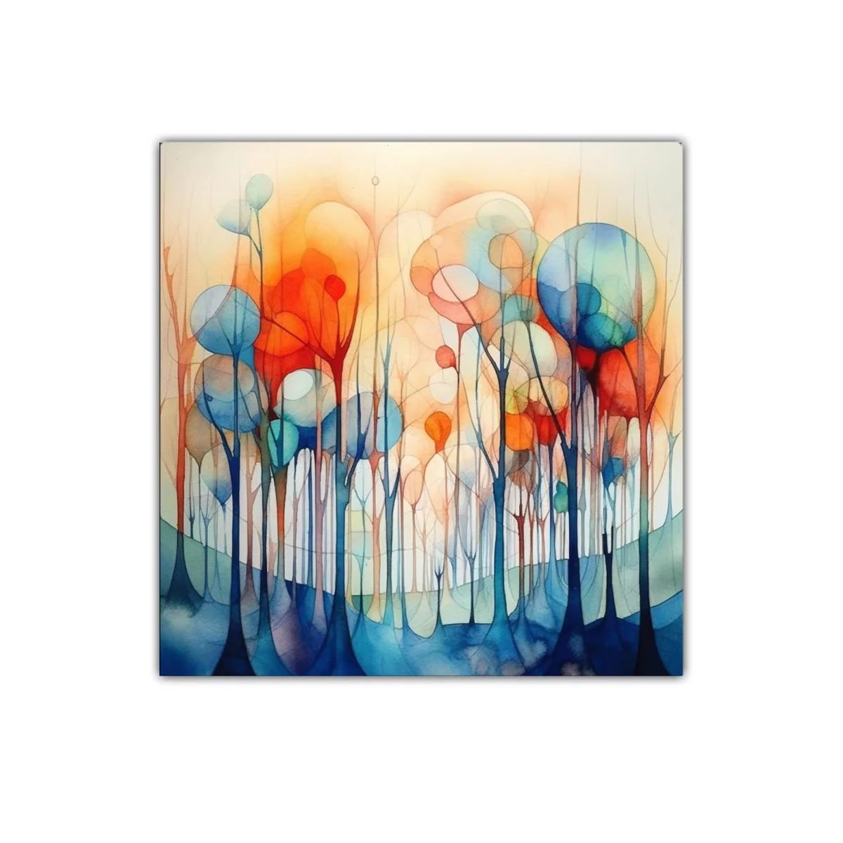 Bosque abstracto en tonos cálidos y fríos vibrantes