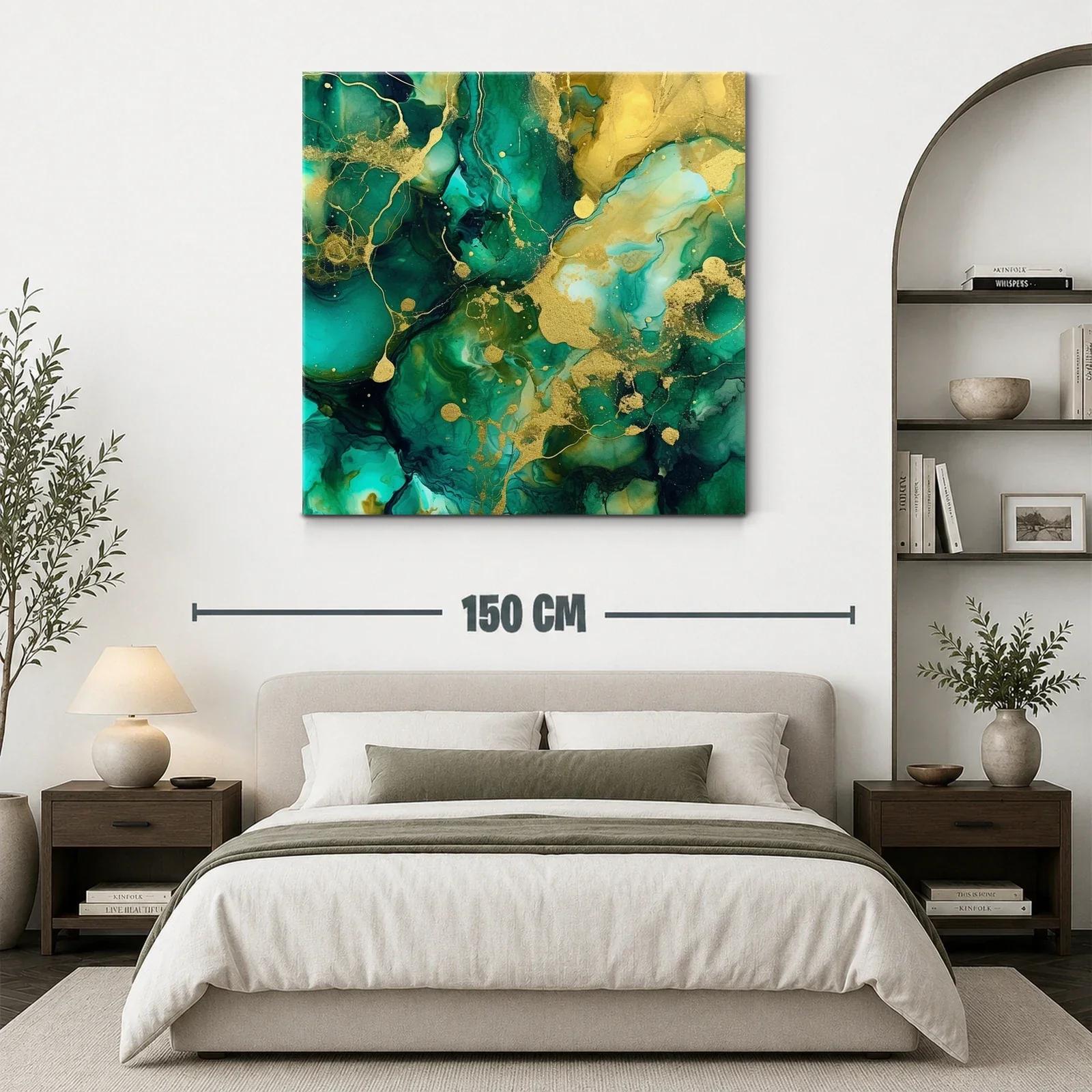 Cuadro abstracto en tonos verdes y dorados vibrantes — miniatura 3
