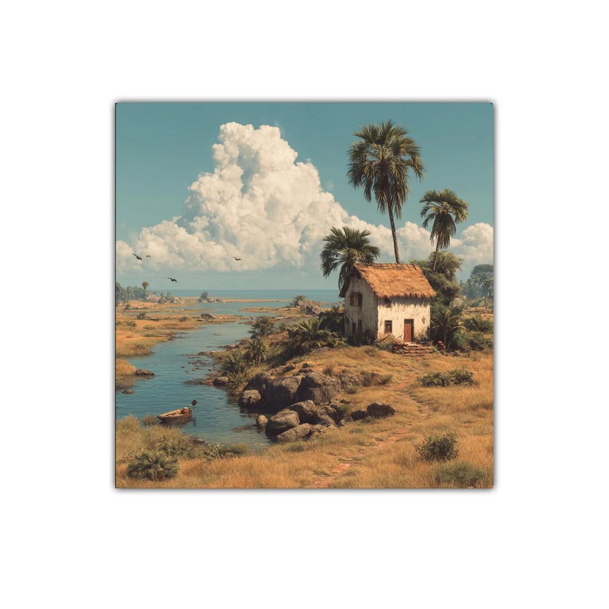 Paisaje rural con casa junto al río y palmeras altas — imagen principal