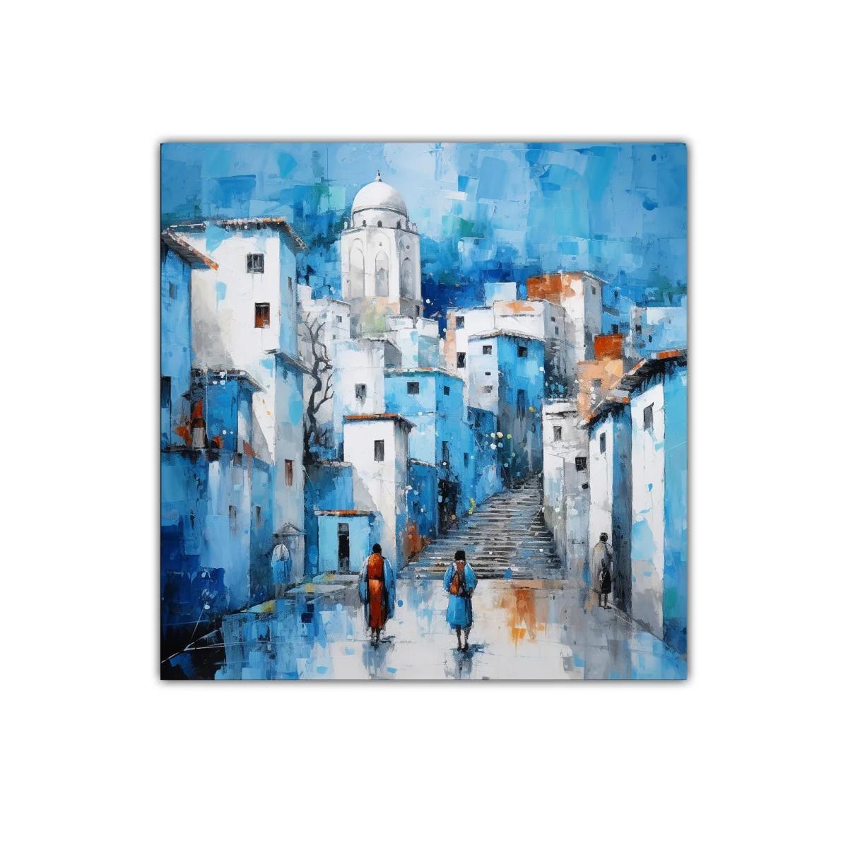 Pueblo Azul con Escaleras y Siluetas Caminantes — imagen principal