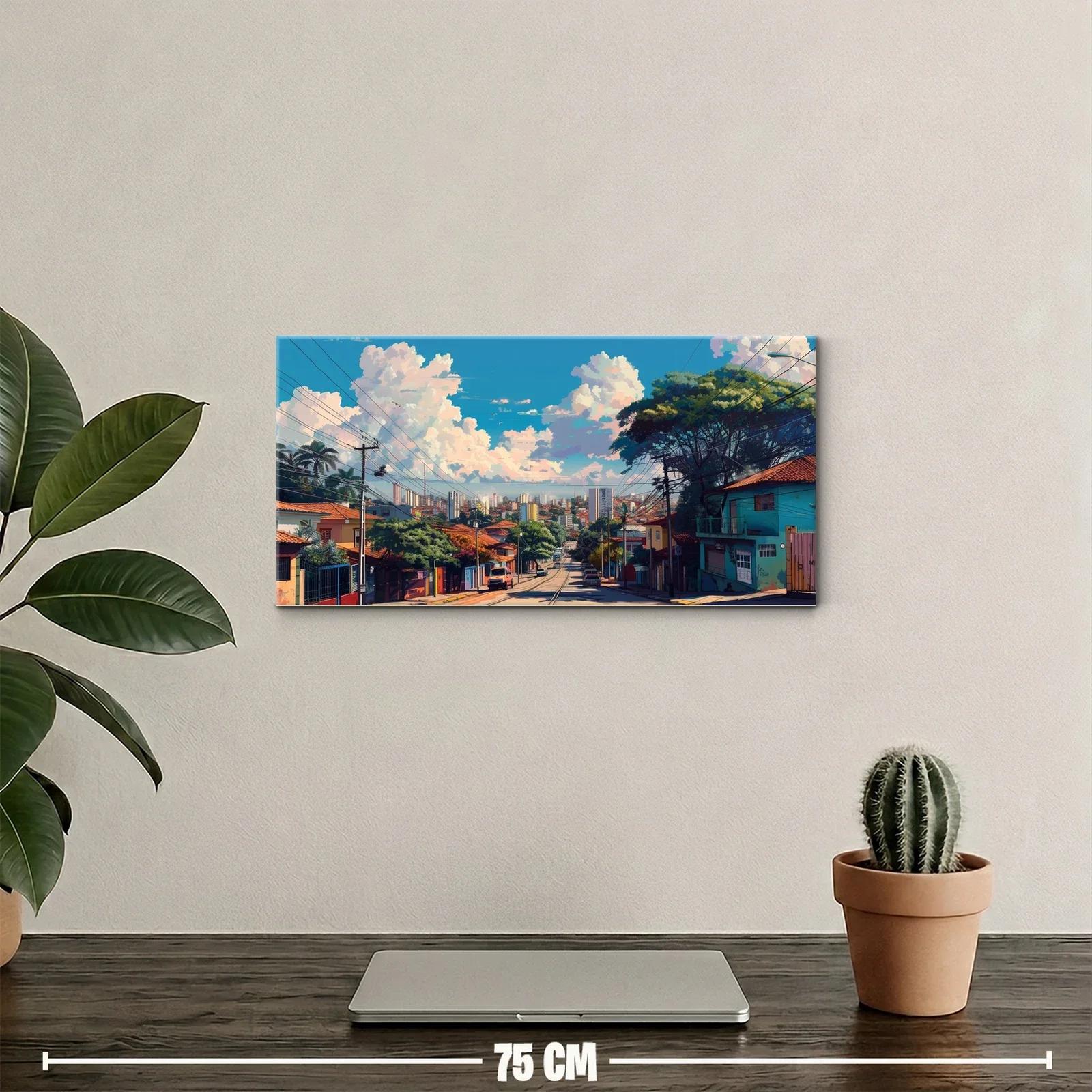Cuadro calle de barrio con vista a la ciudad enmarcada por casas — miniatura 2