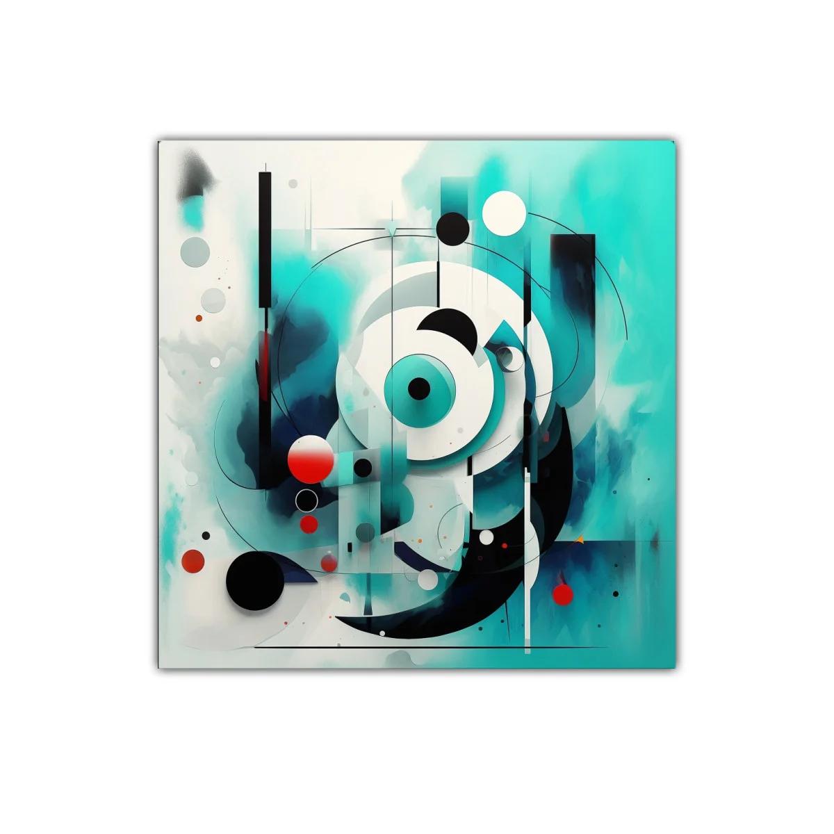 Composición abstracta con círculos y tonos turquesa y rojo