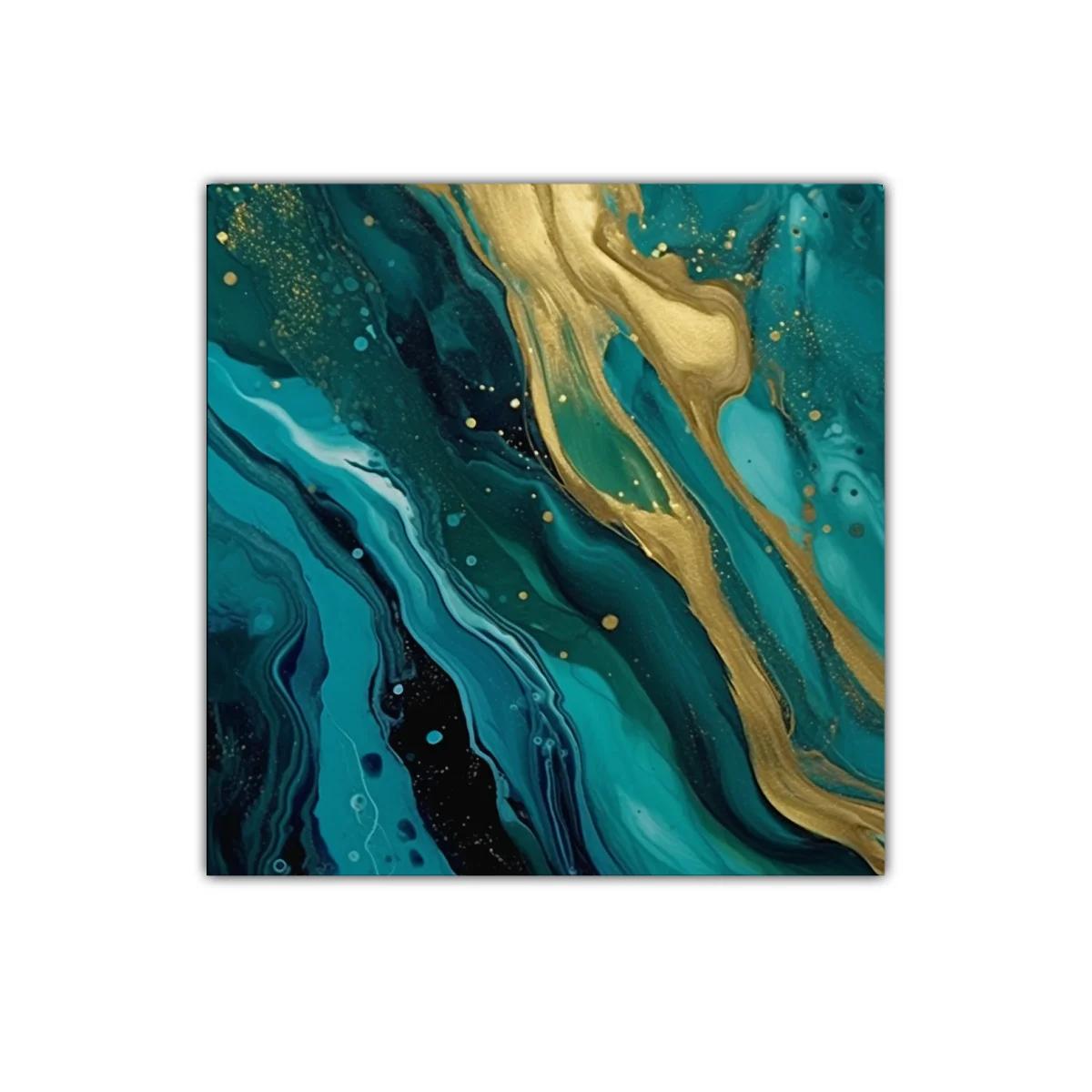Cuadro abstracto con tonos turquesa y dorados brillantes — imagen principal
