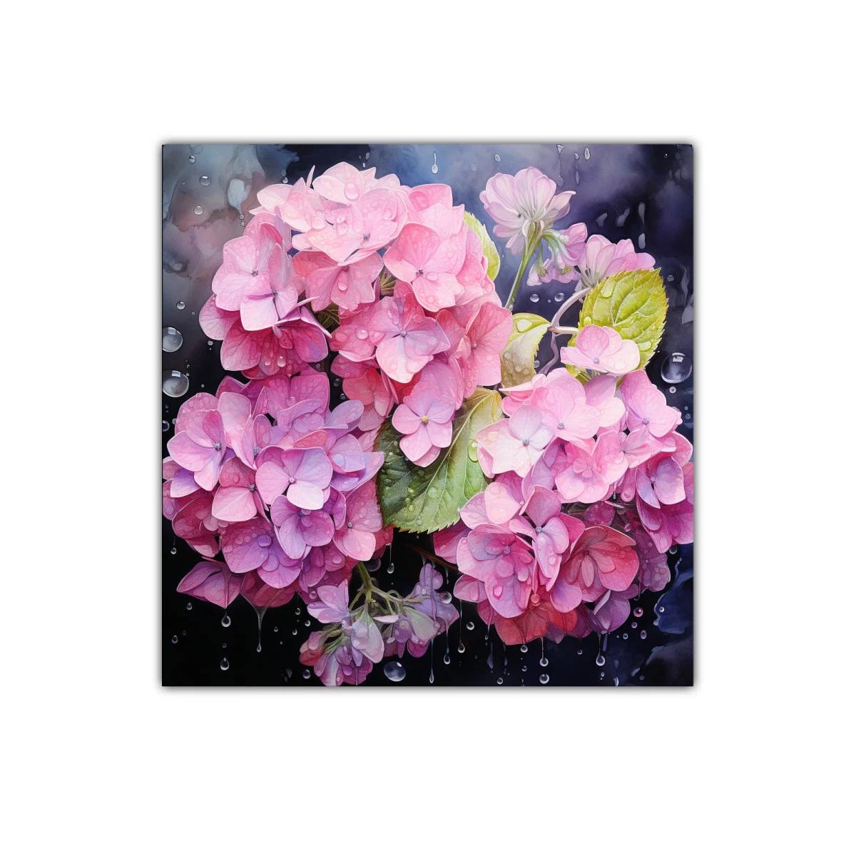 Cuadro decorativo con delicadas hortensias rosas y gotas de agua — imagen principal