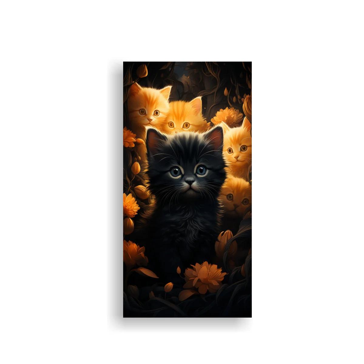 Cuadro gatito negro entre flores naranjas